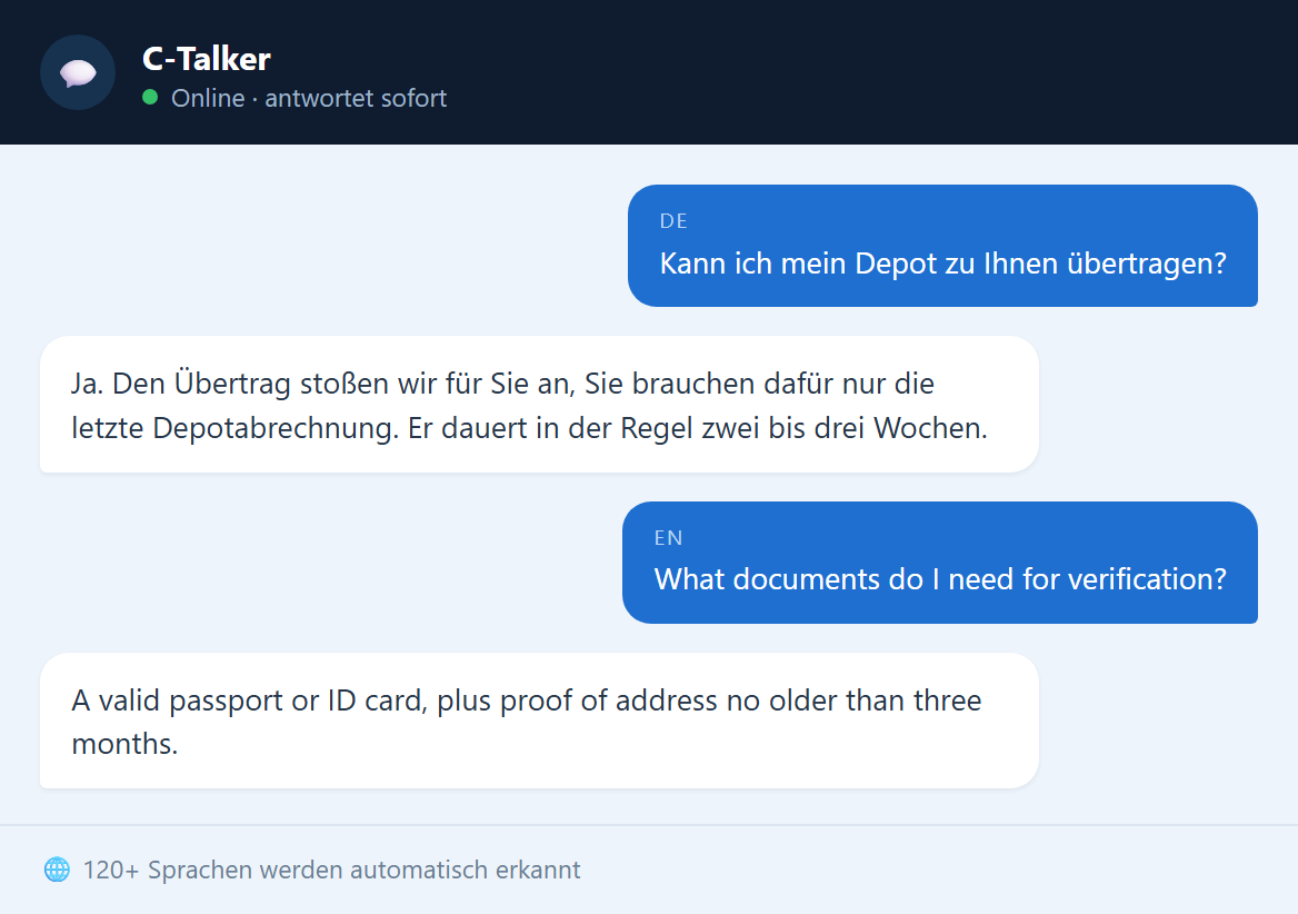 Chatfenster von C-Talker: eine Frage zum Depotübertrag auf Deutsch und eine zu den nötigen Ausweisdokumenten auf Englisch, beide direkt beantwortet.