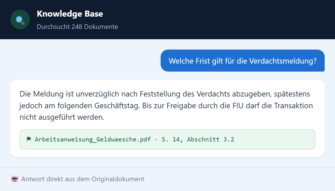 Die Knowledge Base beantwortet eine Frage nach der Frist für die Verdachtsmeldung und nennt Arbeitsanweisung, Seite und Abschnitt als Fundstelle.