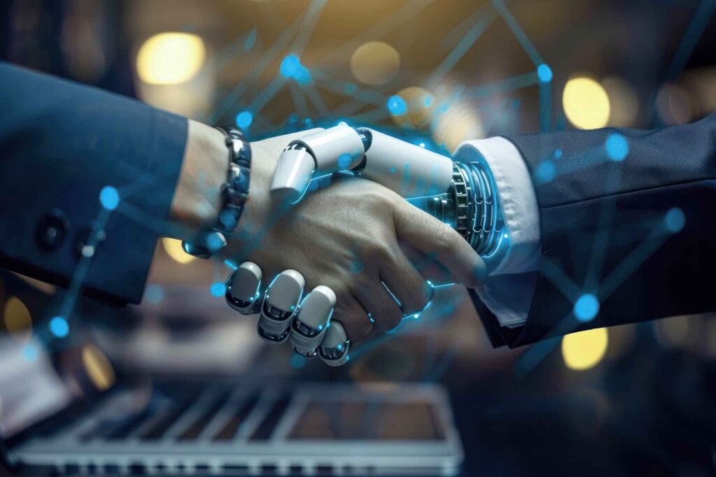 Eine menschliche Hand und eine Roboterhand schütteln sich die Hände